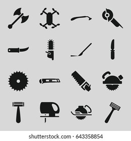 Blade icons set. set of 16 blade filled icons such as razor, saw, knife, gardening knife, scalpel, cutter, axe weapon