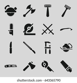 Blade icons set. set of 16 blade filled icons such as razor, axe, circular saw, saw blade, saw, knife, scalpel, cutter, axe weapon