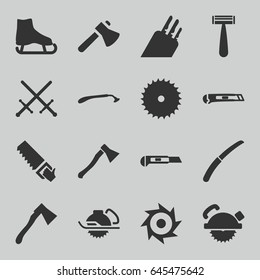 Blade icons set. set of 16 blade filled icons such as razor, axe, cutter, gardening knife, knife, axe weapon, ice skate