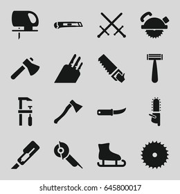 Blade icons set. set of 16 blade filled icons such as razor, cutter, axe, saw, gardening knife, knife, axe weapon, sword