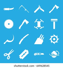 Blade icons set. set of 16 blade filled icons such as razor, bllade razor, blade saw, electric saw, scythe, cutter, gardening knife, axe, knife, axe weapon, saw