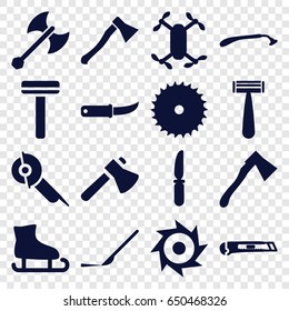 Blade icons set. set of 16 blade filled icons such as razor, blade saw, axe, electric saw, knife 