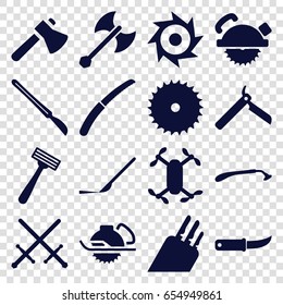 Blade icons set. set of 16 blade filled icons such as bllade razor, razor, axe, gardening knife, scalpel, knife, axe weapon, axle with propeller