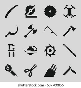 Blade icons set. set of 16 blade filled icons such as bllade razor, blade saw, circular saw, electric saw, scythe, gardening knife, scalpel, knife, axe weapon
