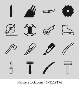 Blade icons set. set of 16 blade filled and outline icons such as razor, blade saw, cutter, knife, gardening knife, axle with propeller, circular saw, electric saw, axe weapon