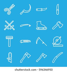 blade icons set. Set of 16 blade outline icons such as razor, axe, circular saw, chainsaw, knife, scythe, gardening knife, cutter, axe weapon, scissors, ice skating