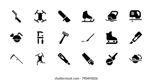 Blade icons. set of 18 editable filled blade icons: razor, cutter, saw, electric saw, chainsaw, scalpel, axle with propeller, bllade razor, saw blade, ice skating, ice skate