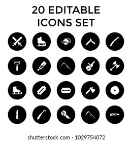 Blade icons. set of 20 editable filled blade icons such as razor, bllade razor, cutter, axe, electric saw, knife, ice skating. best quality blade elements in trendy style.