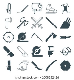 Blade icons. set of 25 editable filled and outline blade icons such as blade saw, circular saw, chainsaw, gardening knife, scalpel, knife, axe weapon, axe, ice skate, sword