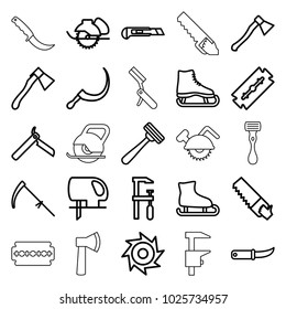 Blade icons. set of 25 editable outline blade icons such as razor, bllade razor, saw, electric saw, chainsaw, ice skate, ice skating, scythe, cutter, gardening knife, axe