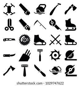 Blade icons. set of 25 editable filled blade icons such as razor, circular saw, saw, ice skate, sword, ice skating, cutter, gardening knife, axle with propeller, knife