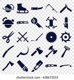 Blade icons set. set of 25 blade filled icons such as bllade razor, razor, cutter, axe, saw, scythe, gardening knife, scalpel, axe weapon, axle with propeller, sword, scissors