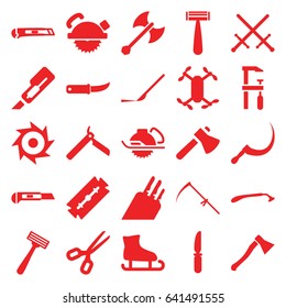 Blade icons set. set of 25 blade filled icons such as razor, bllade razor, cutter, axe, saw blade, electric saw, chainsaw, knife, scythe, gardening knife, scalpel, axe weapon
