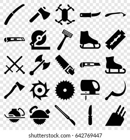 Blade icons set. set of 25 blade filled icons such as razor, axe, circular saw, knife, scythe, cutter, gardening knife, scalpel, axe weapon, axle with propeller, ice skate