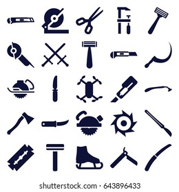 Blade icons set. set of 25 blade filled icons such as razor, bllade razor, cutter, circular saw, saw blade, electric saw, knife, scythe, gardening knife, scalpel, axe weapon