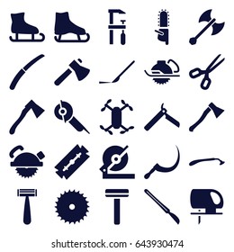 Blade icons set. set of 25 blade filled icons such as razor, bllade razor, axe, circular saw, scythe, gardening knife, scalpel, axe weapon, axle with propeller, ice skate