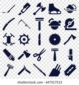 Blade icons set. set of 25 blade filled icons such as razor, bllade razor, cutter, axe, circular saw, knife, scythe, gardening knife, scalpel, axe weapon, axle with propeller
