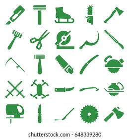 Blade icons set. set of 25 blade filled icons such as razor, cutter, axe, circular saw, knife, scythe, gardening knife, scalpel, axe weapon, axle with propeller, sword