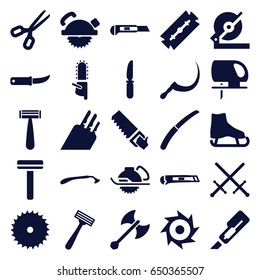 Blade icons set. set of 25 blade filled icons such as razor, cutter, circular saw, knife, scythe, gardening knife, axe weapon, ice skate, sword