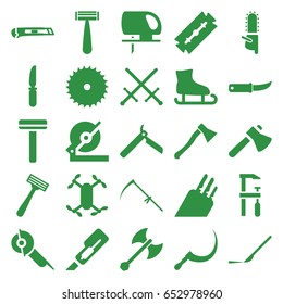 Blade icons set. set of 25 blade filled icons such as razor, bllade razor, blade saw, cutter, axe, circular saw, electric saw, chainsaw, knife, scythe, gardening knife