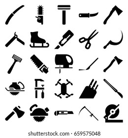 Blade icons set. set of 25 blade filled icons such as bllade razor, razor, cutter, axe, circular saw, saw blade, saw, scythe, gardening knife, scalpel, knife, axe weapon