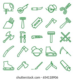Blade icons set. set of 25 blade outline icons such as razor, bllade razor, axe, saw blade, saw, electric saw, chainsaw, scythe, gardening knife, scalpel, cutter, knife