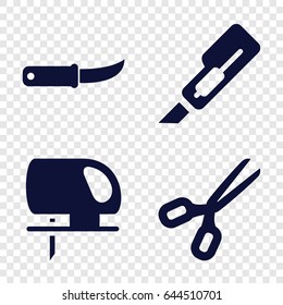 Blade icons set. set of 4 blade filled icons such as cutter, electric saw, gardening knife