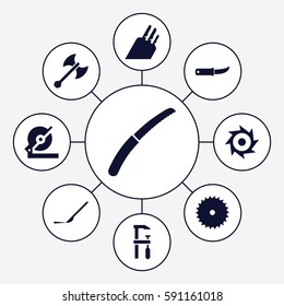 blade icons set. Set of 9 blade filled icons such as blade saw, circular saw, chainsaw, gardening knife, scalpel, knife, axe weapon