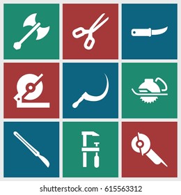Blade icons set. set of 9 blade filled icons such as circular saw, electric saw, chainsaw, scythe, gardening knife, scalpel, axe weapon