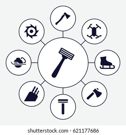 Blade icons set. set of 9 blade filled icons such as razor, axe, electric saw, knife, axe weapon, saw, axle with propeller