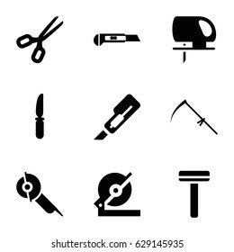 Blade icons set. set of 9 blade filled icons such as razor, cutter, circular saw, electric saw, knife, scythe