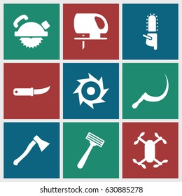 Blade icons set. set of 9 blade filled icons such as razor, saw blade, electric saw, chainsaw, scythe, gardening knife, axe weapon, saw