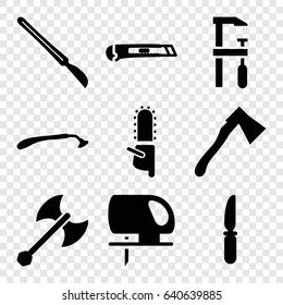 Blade icons set. set of 9 blade filled icons such as razor, electric saw, chainsaw, knife, axe, scalpel, cutter