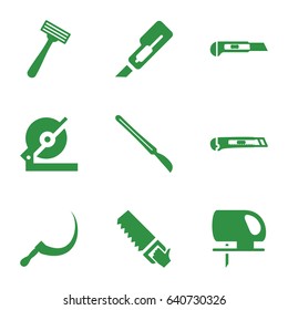 Blade icons set. set of 9 blade filled icons such as razor, cutter, circular saw, saw, electric saw, scythe
