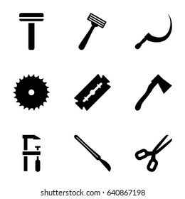 Blade icons set. set of 9 blade filled icons such as razor, blade saw, chainsaw, scythe, axe, scalpel