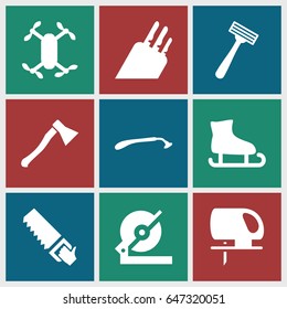 Blade icons set. set of 9 blade filled icons such as razor, circular saw, saw, electric saw, knife, axe weapon, axle with propeller