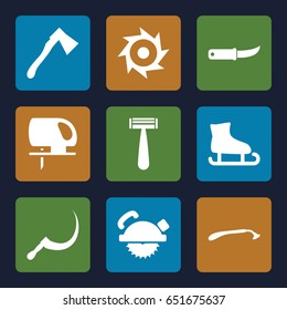 Blade icons set. set of 9 blade filled icons such as razor, saw blade, electric saw, scythe, gardening knife, axe, saw