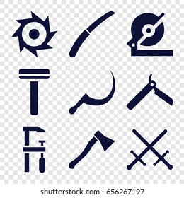 Blade icons set. set of 9 blade filled icons such as bllade razor, razor, circular saw, chainsaw, scythe, gardening knife, axe weapon, saw