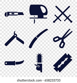 Blade icons set. set of 9 blade filled icons such as razor, bllade razor, electric saw, chainsaw, cutter, gardening knife, sword