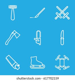 Blade icons set. set of 9 blade outline icons such as razor, saw, chainsaw, knife, axe, scalpel, axle with propeller, ice skating