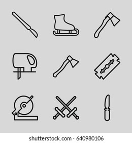 Blade icons set. set of 9 blade outline icons such as razor, circular saw, electric saw, knife, axe, scalpel, axe weapon, ice skating