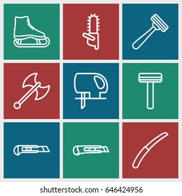 Blade icons set. set of 9 blade outline icons such as razor, electric saw, chainsaw, cutter, gardening knife, axe weapon