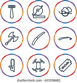 Blade icons set. set of 9 blade outline icons such as razor, circular saw, electric saw, chainsaw, gardening knife, axe weapon