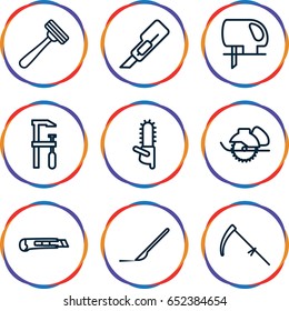 Blade icons set. set of 9 blade outline icons such as razor, cutter, electric saw, chainsaw, scythe
