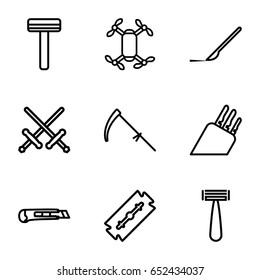 Blade icons set. set of 9 blade outline icons such as razor, scythe, scalpel, cutter, knife, axle with propeller