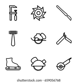 Blade icons set. set of 9 blade outline icons such as bllade razor, razor, saw blade, electric saw, chainsaw, scalpel, saw