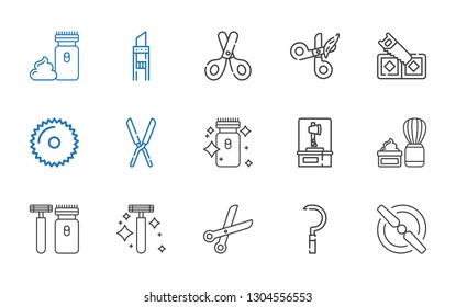 blade icons set. Collection of blade with propeller, sickle, scissors, razor, shaver, shaving brush, axe, electric razor, shears, saw, cutter. Editable and scalable blade icons.
