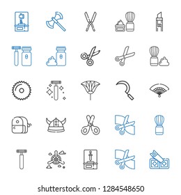 blade icons set. Collection of blade with saw, scissors, sword, propeller, razor, shaving brush, viking, sharpener, fan, sickle, electric razor. Editable and scalable blade icons.