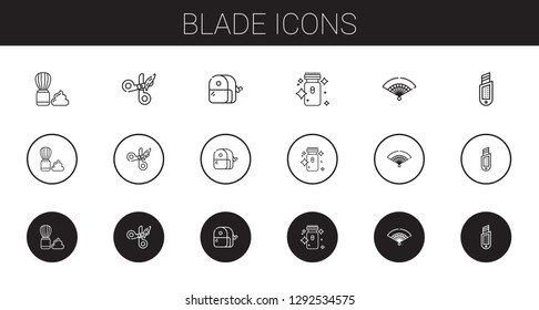 blade icons set. Collection of blade with shaving brush, scissors, sharpener, electric razor, fan, cutter. Editable and scalable blade icons.