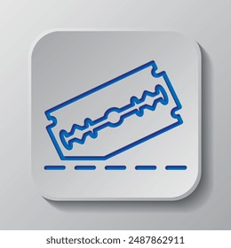 Blade razor with cutting line simple icon vector. Flat design. Paper cut design. Cutted blue symbol with shadow. Gray badge button, gray background.ai